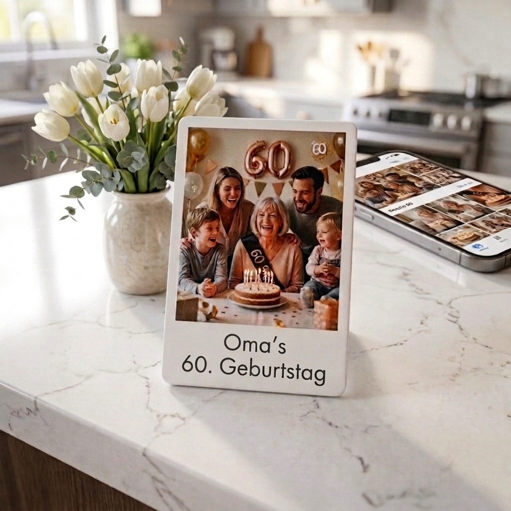 Fotomagnet zum Geburtstag auf Küchentheke mit Smartphone